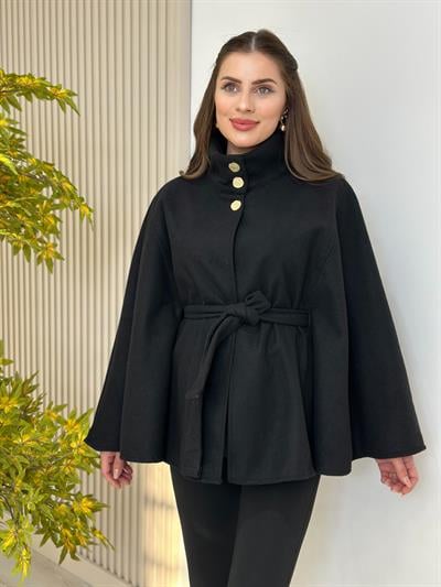 Yakası Gold Düğmeli Kaşe Panço Siyah