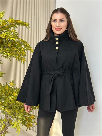 Yakası Gold Düğmeli Kaşe Panço Siyah