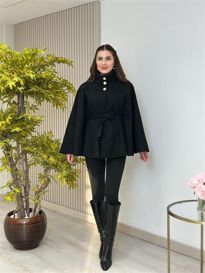 Yakası Gold Düğmeli Kaşe Panço Siyah