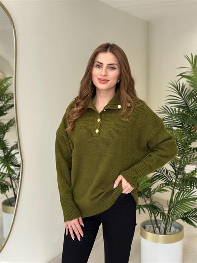 Yakası Gold Düğmeli Premium Kalite Yumoş Kazak Yeşil