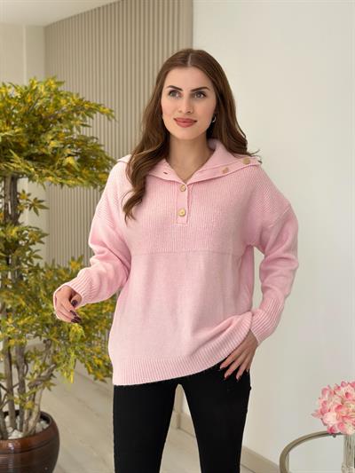 Yakası Gold Düğmeli Premium Kalite Yumoş Kazak Pembe
