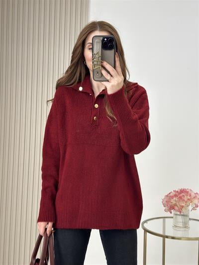 Yakası Gold Düğmeli Premium Kalite Yumoş Kazak Koyu Bordo