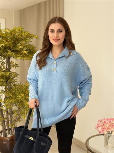 Yakası Gold Düğmeli Premium Kalite Yumoş Kazak Bebe Mavi