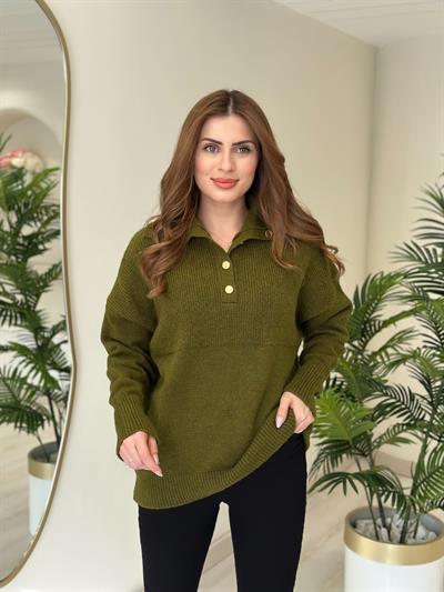 Yakası Gold Düğmeli Premium Kalite Yumoş Kazak Yeşil