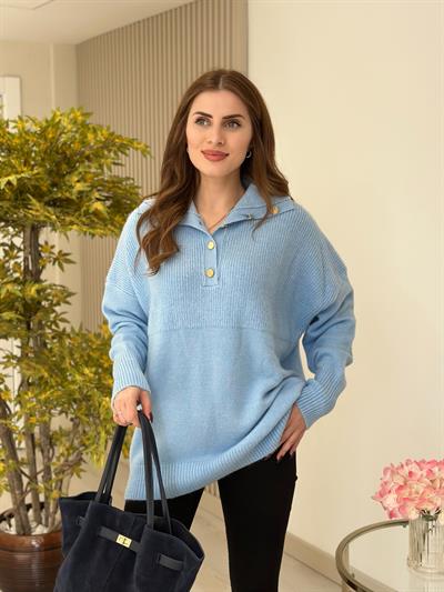 Yakası Gold Düğmeli Premium Kalite Yumoş Kazak Bebe Mavi