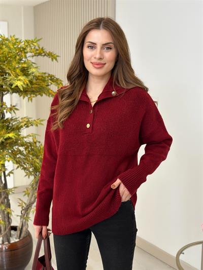 Yakası Gold Düğmeli Premium Kalite Yumoş Kazak Koyu Bordo