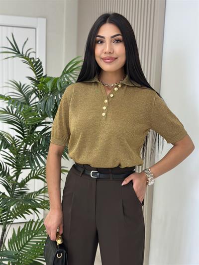 Yakası Gold Düğmeli Simli Triko Gold