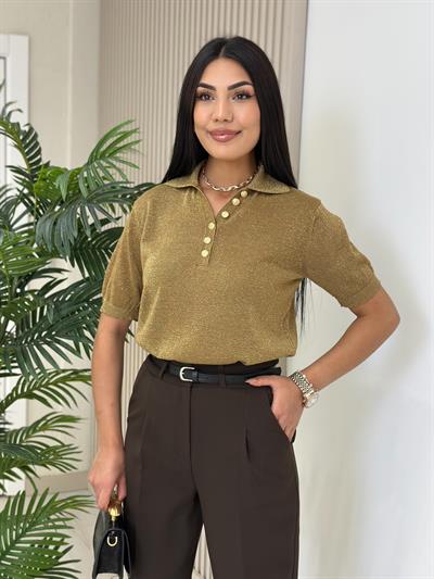 Yakası Gold Düğmeli Simli Triko Gold