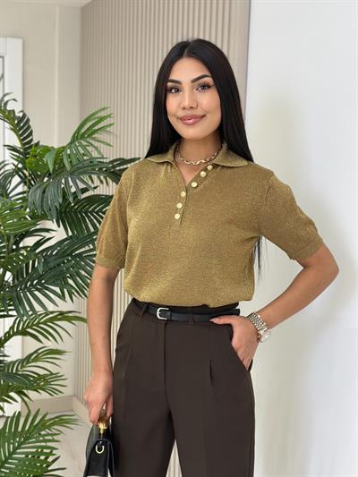 Yakası Gold Düğmeli Simli Triko Gold