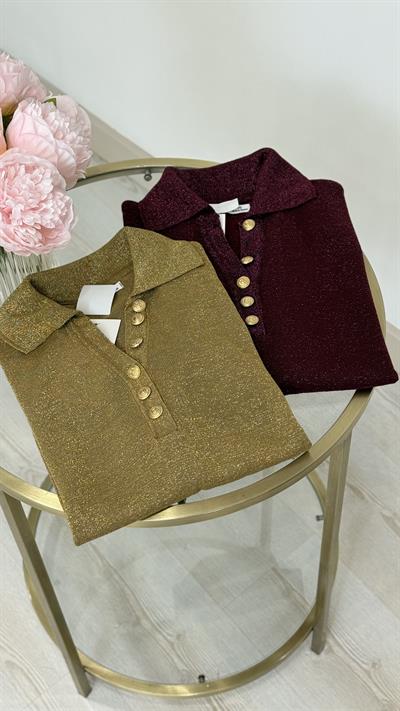 Yakası Gold Düğmeli Simli Triko Gold