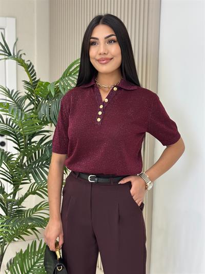 Yakası Gold Düğmeli Simli Triko Mürdüm