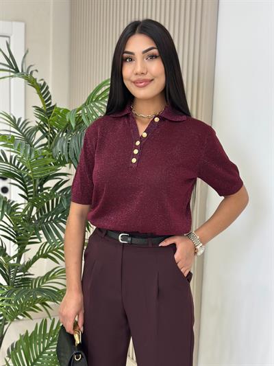 Yakası Gold Düğmeli Simli Triko Mürdüm