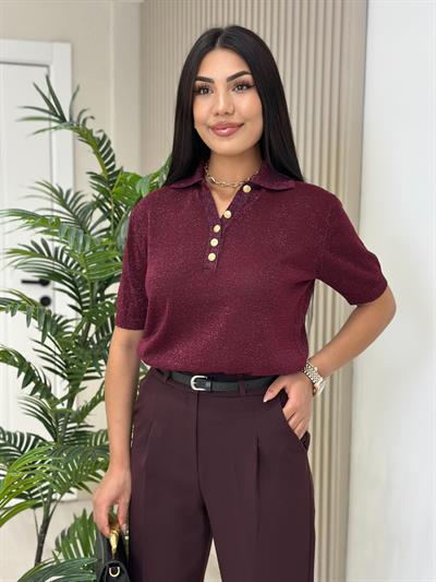 Yakası Gold Düğmeli Simli Triko Mürdüm