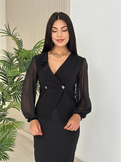 Yakası Gül Detaylı Şifon Kol Bluz Siyah