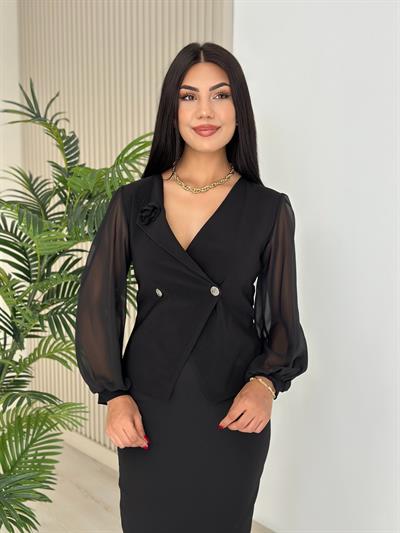 Yakası Gül Detaylı Şifon Kol Bluz Siyah