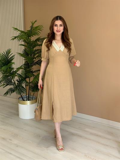 Yakası Güpür Detaylı Keten Elbise Camel