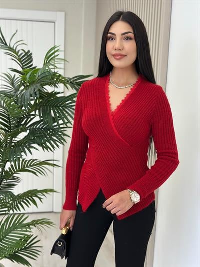 Yakası Güpürlü Yumoş Çapraz Kazak Kırmızı