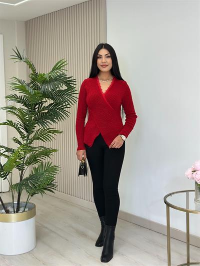 Yakası Güpürlü Yumoş Çapraz Kazak Kırmızı
