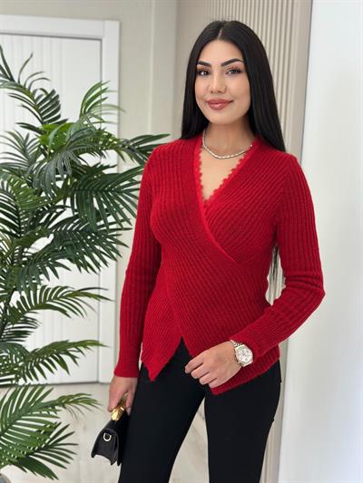 Yakası Güpürlü Yumoş Çapraz Kazak Kırmızı