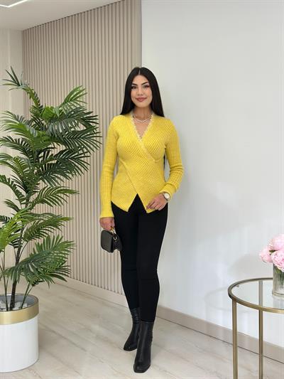 Yakası Güpürlü Yumoş Çapraz Kazak Sarı