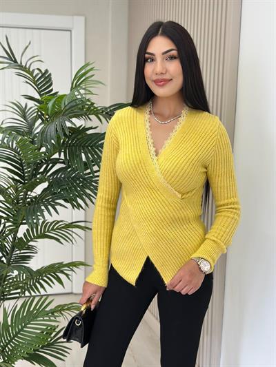 Yakası Güpürlü Yumoş Kazak Sarı