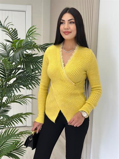 Yakası Güpürlü Yumoş Çapraz Kazak Sarı