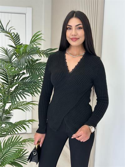 Yakası Güpürlü Yumoş Çapraz Kazak Siyah