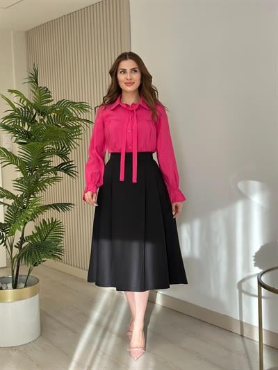 Yakası İncili Tensel Dokulu Gömlek Fuşya