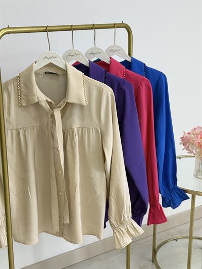 Yakası İncili Tensel Dokulu Gömlek Mavi