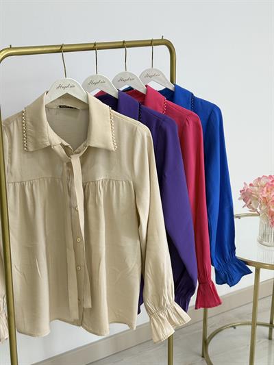 Yakası İncili Tensel Dokulu Gömlek Mor