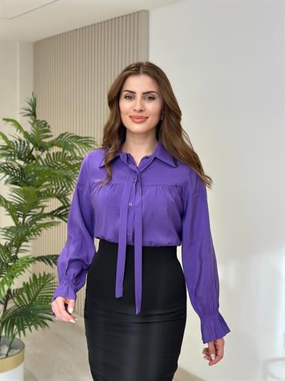 Yakası İncili Tensel Dokulu Gömlek Mor