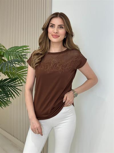 Yakası İşleme Detaylı Tshirt Kahve