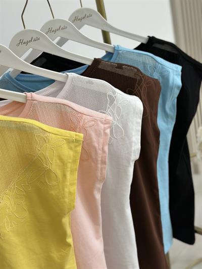 Yakası İşleme Detaylı Tshirt Pudra