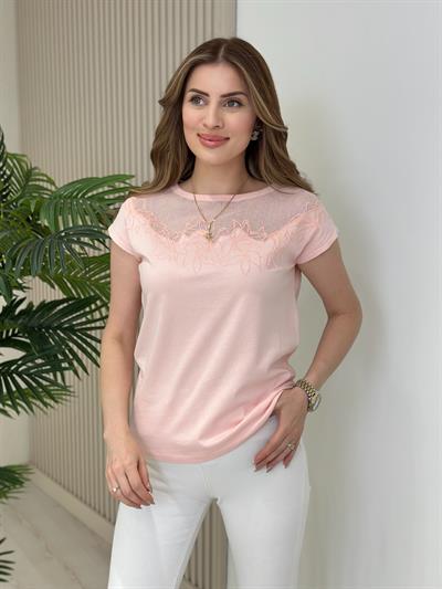 Yakası İşleme Detaylı Tshirt Pudra