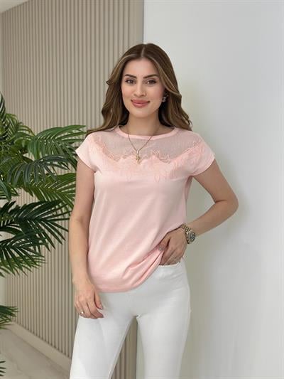 Yakası İşleme Detaylı Tshirt Pudra