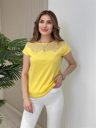 Yakası İşleme Detaylı Tshirt Sarı