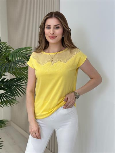 Yakası İşleme Detaylı Tshirt Sarı