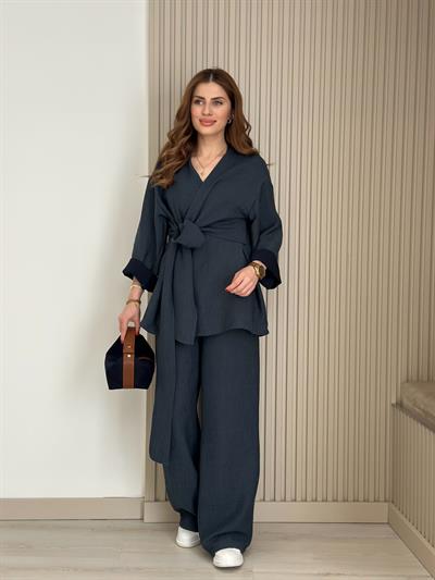 Yandan Bağlamalı V Yaka Kimonolu Takım Lacivert