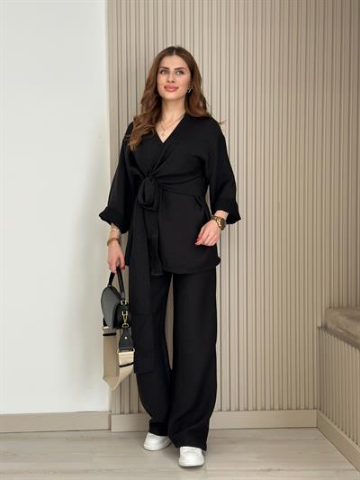 Yandan Bağlamalı V Yaka Kimonolu Takım Siyah