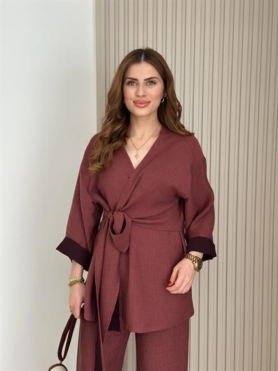 Yandan Bağlamalı V Yaka Kimonolu Takım Bordo