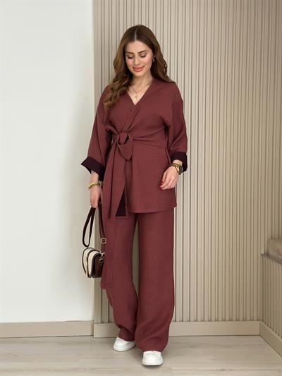 Yandan Bağlamalı V Yaka Kimonolu Takım Bordo
