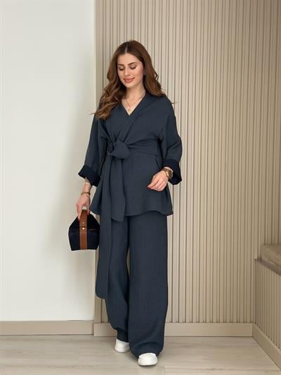 Yandan Bağlamalı V Yaka Kimonolu Takım Lacivert