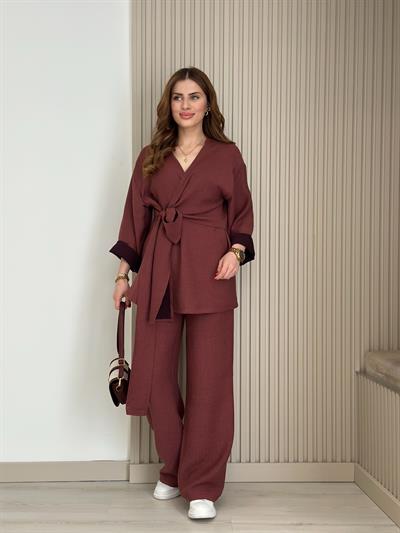 Yandan Bağlamalı V Yaka Kimonolu Takım Bordo