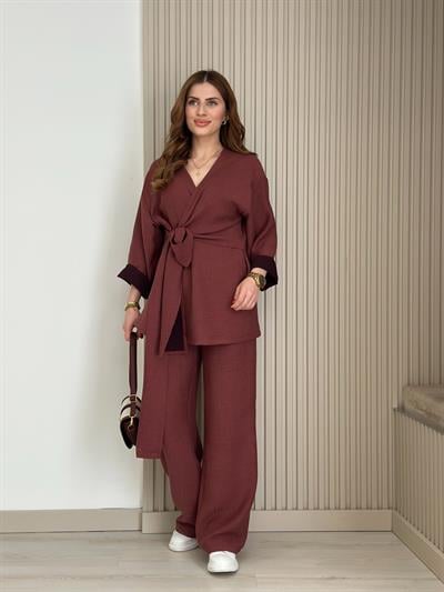 Yandan Bağlamalı V Yaka Kimonolu Takım Bordo