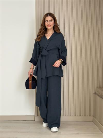 Yandan Bağlamalı V Yaka Kimonolu Takım Lacivert