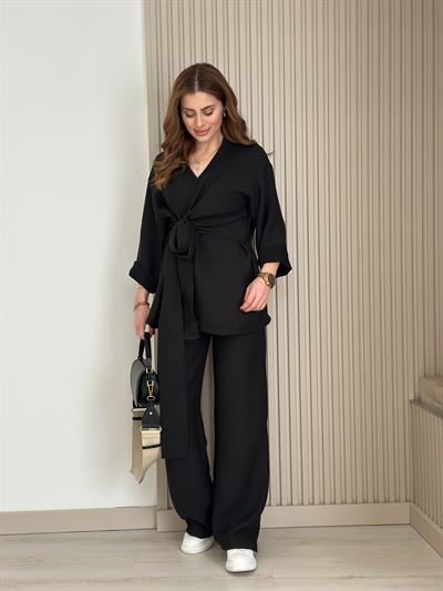 Yandan Bağlamalı V Yaka Kimonolu Takım Siyah