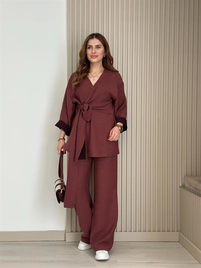 Yandan Bağlamalı V Yaka Kimonolu Takım Bordo