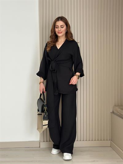 Yandan Bağlamalı V Yaka Kimonolu Takım Siyah