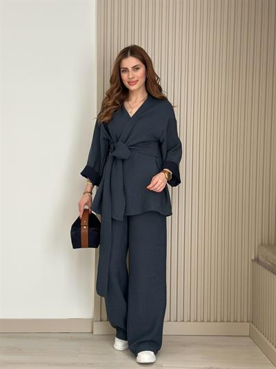 Yandan Bağlamalı V Yaka Kimonolu Takım Lacivert