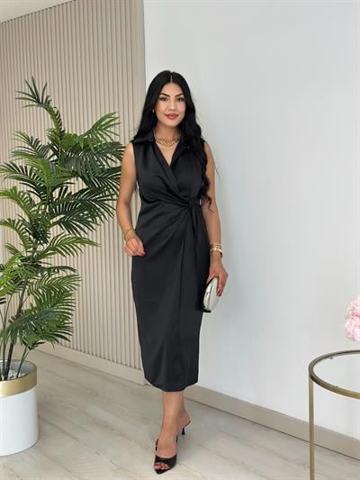 Yandan Fermuarlı Pamuk Saten Kruvaze Elbise Siyah